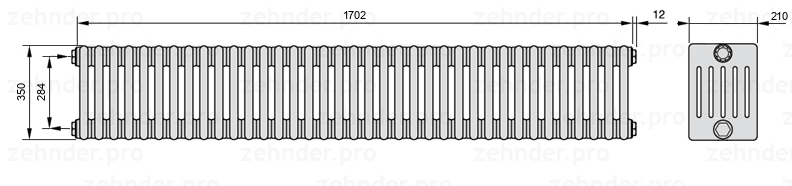 Схема (чертеж) Радиатор Zehnder Charleston 6035/37 №1270 Белый глянцевый RAL 9016